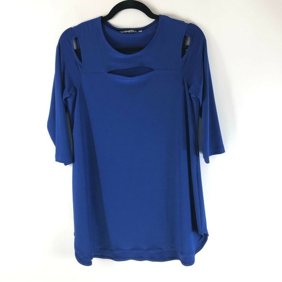 Sympli Tops - Sympli Womens Tunic Top Keyhole Cutouts 3/4 Sleeve Stretch Blue Size S